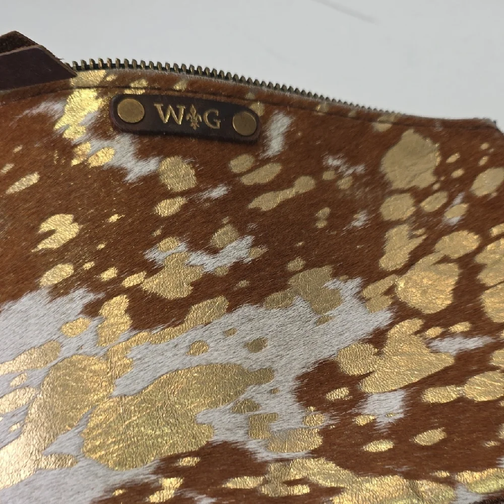 Wild Goose WG Gold and Brown Leather‎ Cowhide Hair Wristlet Clutch